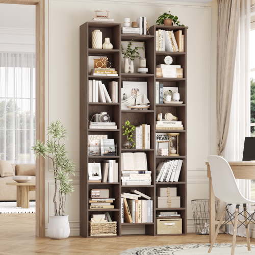 Homfa 21-Cube Bookcase and Bookshelves with Adjustable Shelves, 71.3'' Triple Width Open CD Display Storage Rack, Oak
