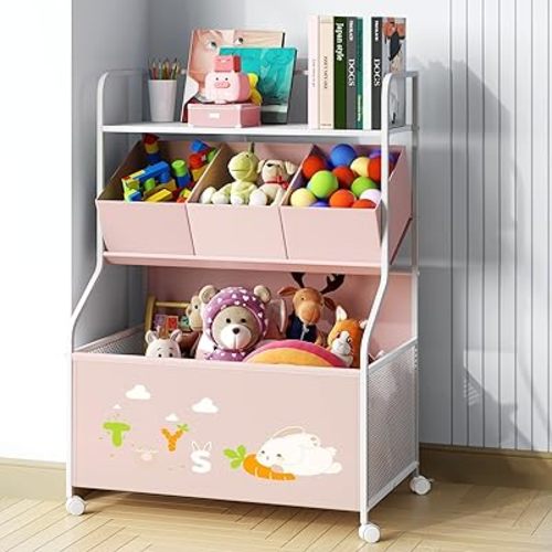 BBLIKE Toy Storage Organizer with Wheels - 3-Tier Kids Large Toy Box, Toy Chest Storage for Boys Girls Toddlers, Kids Bookshelf with 3 Fabric Toy Boxes for Playroom, Pink