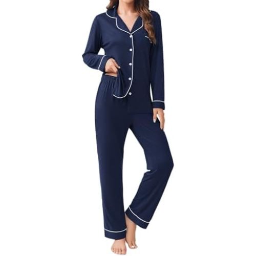 Ekouaer Womens Pajamas Set 2 Piece Button Down Pjs Soft Long Sleeve Top and Pants Sleepwear Set Lounge Sets