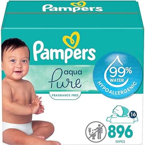 Pampers Aqua Pure Sensitive Baby Wipes, 99% Water, Hypoallergenic, Unscented, 16 Flip-Top Packs (896 Wipes Total)