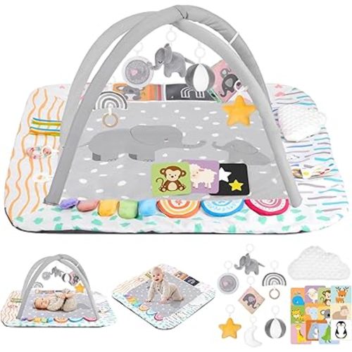 Baby Play Mat Activity Gym with Tummy Time Pillow, 6 Developmental Zones Tummy Time Mat, 6 Detachable Sensory Toys and Educational Cards, Essential Baby Shower Set, Grey Elephant