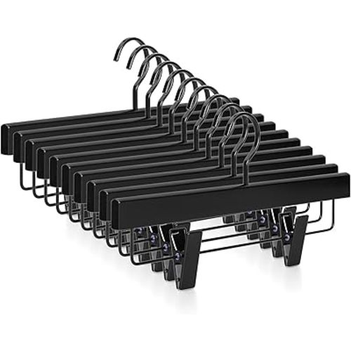 TOPIA HANGER Black Wooden Pants Hangers, Wood Skirt Hangers with Clips, Deluxe Jeans Hanger with 360° Swivel Anti-Rust Flat Hook, Smooth Finish Wood Hangers for Slacks Trousers 20 Pack, CT03B