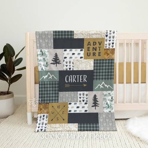 SALE Personalized Baby Blanket, Plaid Quilt Print, Adventure, Mountains, Forest, Topo Map, Woodland, Follow Your Arrow, Compass #QA22