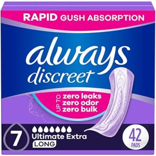 Always Discreet Adult Incontinence Pads for Women, Drier, 7 Drop Long Length, Ultra Absorbency, Pads for Bladder Control Management, Bladder Leaks, Overnight & Postpartum Pads, 42ct