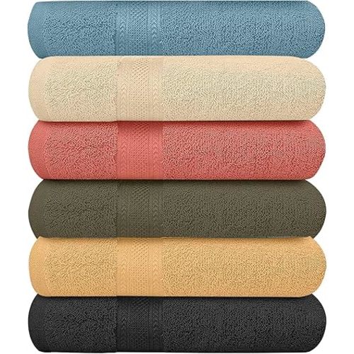 KAHAF COLLECTION 6 Pack Bath Towels Set (27 x 54 Inches) 100% Ring Spun Cotton, Lightweight, Quick Dry, Highly Absorbent Towels Multicolor, (27x54) Inches