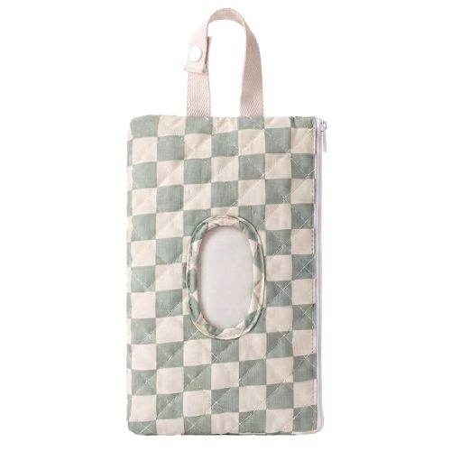 Quilted Green Plaid Baby Wipe Holder Fabric Wipes Organizer Bag with Handle Portable Wet Wipes Pouch for Baby Travel Home Car Stroller
