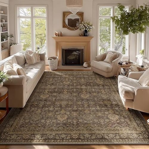Boho Washable 8x10 Area Rugs for Living Room, Cushioned, Brown | Vintage Non-slip Neutral Oriental Rugs for Bedroom Dining Room Nursery Office High Traffic Area