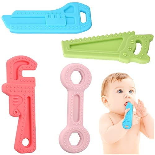 4 Pieces Baby Teething Toys 0-6 Months 6-12 Months, Baby Silicone Teething Toys Set, Double Ended Box Wrench Utility Knife Wrench Hand Saw Shape Easy Hold Baby Molar Toys for Baby Boys or Girls