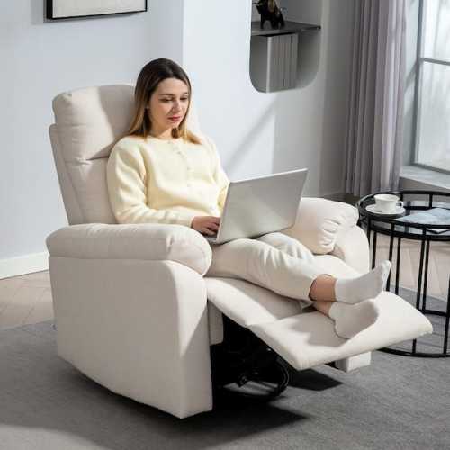 Swivel Rocker Recliner Chair, Wide Rocking Sofa with Pocket Spring, Footrest, Fabric Overstuffed Reclining Chair, Cream
