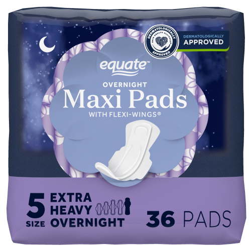 Equate Overnight Maxi Pads with Wings, Size 5, Extra Heavy Overnight Protection, Unscented, Compare to Always® Maxi (36 Count) HSA/FSA Eligible