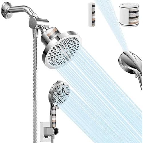 High Pressure Shower Head Combo with Handheld Spray, 6" Filtered Rain Shower Head & 5" Handheld Shower Head with Filters, 69" Stainless Steel Hose - Dual Shower Head Set for Bathroom Home