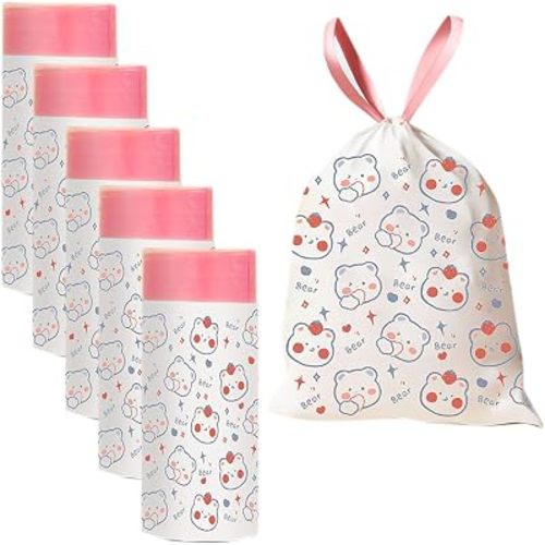4 Gallon Trash Bags 75 Count- Drawstring small trash Bags 1.1mil Thick for Bathroom, Kitchen, Bedroom, Office Toilet Home (White-pink, 75Counts)
