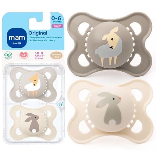 MAM Original Baby Pacifier 0-6 Mths, Skin Soft Silicone Nipple, 2 Pack