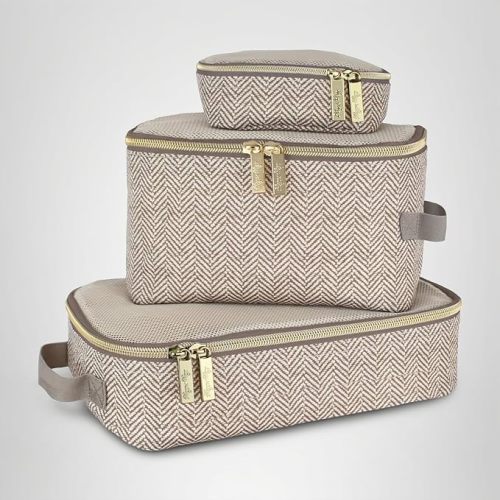 Itzy Ritzy Packing Cubes for Travel – Set of 3 Packing Cubes or Travel Organizers – Each Cube Features a Mesh Top, Double Zippers and a Fabric Handle (Taupe)