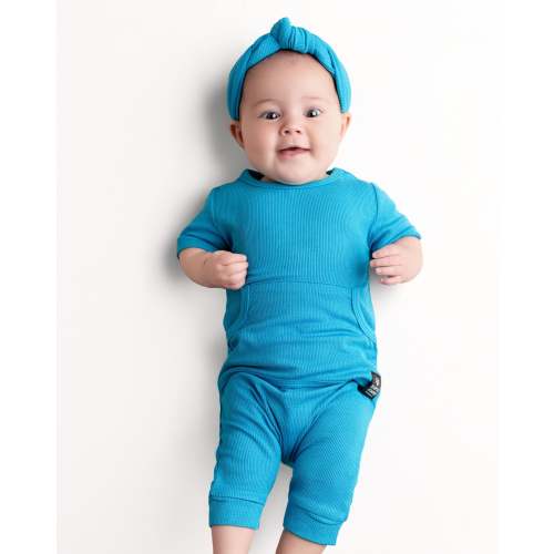 Front Opening Ready Set Romper® Shortie in Ribbed Blue-tiful