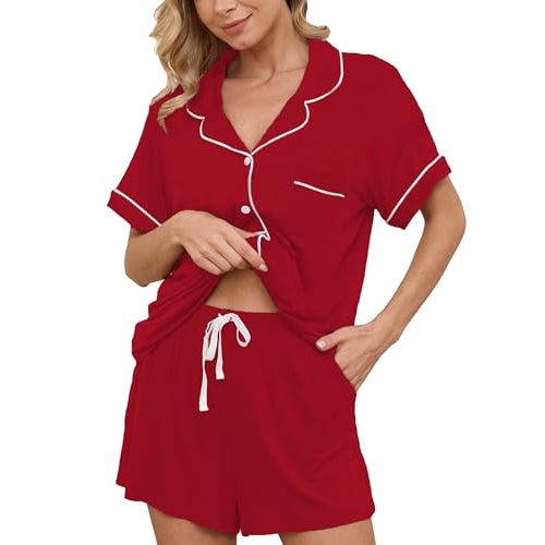 Pajama Sets for Women 2 Piece Soft Button Down Pj Sets Sleepwear Short Sleeve Loungewear Shorts with Pockets, S-XXL