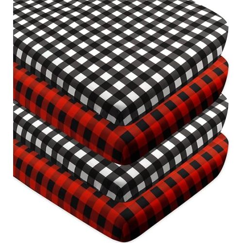 4 Pack Buffalo Check Plaid Neutral Unisex Fitted Baby Crib Sheets Set for Baby Boys or Girls (Red)
