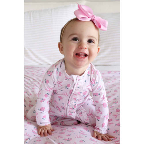 Ribbon & Roses Ruffle Zipper Footie | Pink