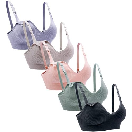 Suekaphin Nursing Bra 5pack Wireless Deep V Neck Maternity Nursing Bra Bralette Sleeping Breastfeeding with Extra Extenders - Large - Sort Rib-a