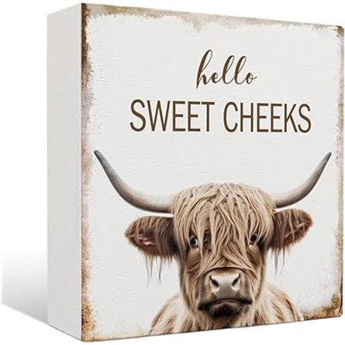 Highland Cow Bathroom Decor - Hello Sweet Cheeks Bathroom Decor, Rustic Western Highland Cow Wood Sign, 5 X 5 Inches