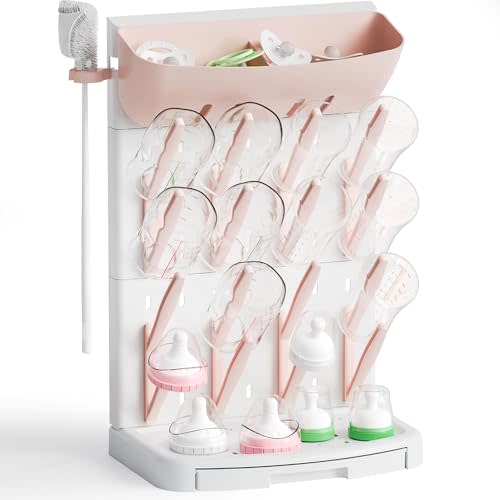 SuoXing Vertical Baby Bottle Drying Rack with Brush- Hold 16 Bottles - Large Breast Pump,Bottle Dryer Rack for Kitchen Countertop,Space Saving Bottle Stand Holder for Pacifiers,Pump Accessories,Pink