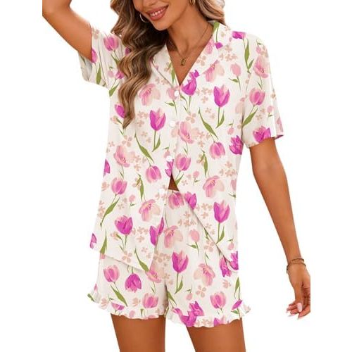SWOMOG Woman Pajama Set Short Sleeve Pjs Set 2Pcs Short Pajamas Button Down Ruffle Hem Sleepwear Soft Modal Loungewear