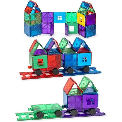 Playmags Magnetic Tiles Train Car Set for Kids - 55pcs Magnet Building Blocks Accessory Set with 4 Cars - Durable Creative STEM Learning Toys for Boys, Girls & Toddlers