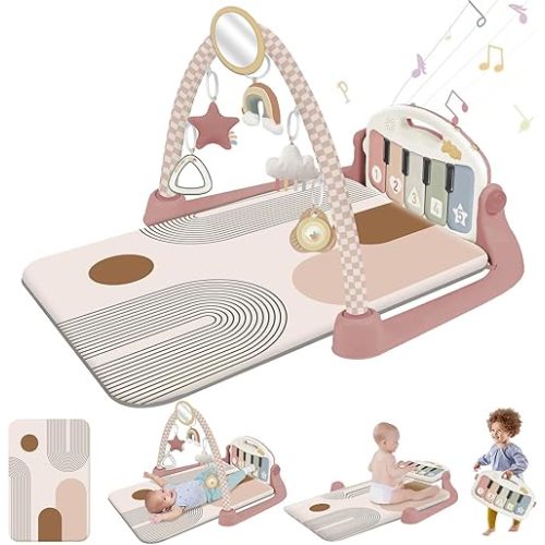 Baby Play Gym with Kick and Play Piano, Baby Activity Gym & Play Mat with 5 Infant Sensory for Tummy Time, Music & Lights Boy or Girl for Newborn 0 to 3 6 9 12 Months, Blush Pink Rainbow
