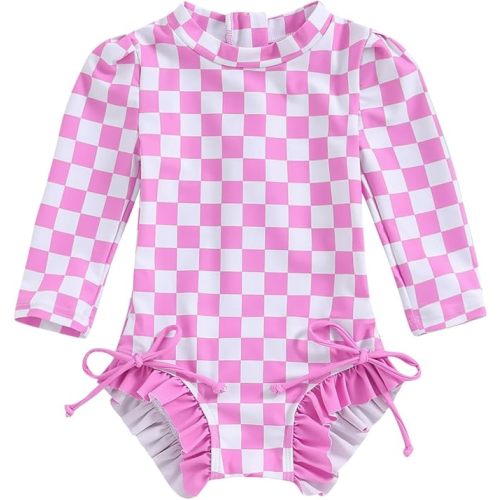 Yccutest Toddler Rash Guard One Piece Swimsuit Baby Girl Long Sleeve Ruffles Swimwear Zipper Bathing Suit Checkerboard Outfit