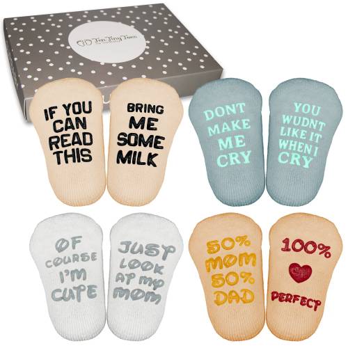 Baby Socks - Funny Quotes (4 Unique Pairs) Girls/Boys Infant Socks Baby Shower Gift Set Anti Slip,Personalized,Gift Box–Newborn Baby Gifts
