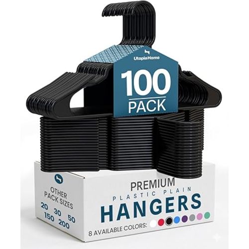 Utopia Home Plastic Hangers 100 Pack - Perfect Space Saving Clothes Hanger - Durable and Strong - Perfect Closet Organizers with Shoulder Grooves (Black)