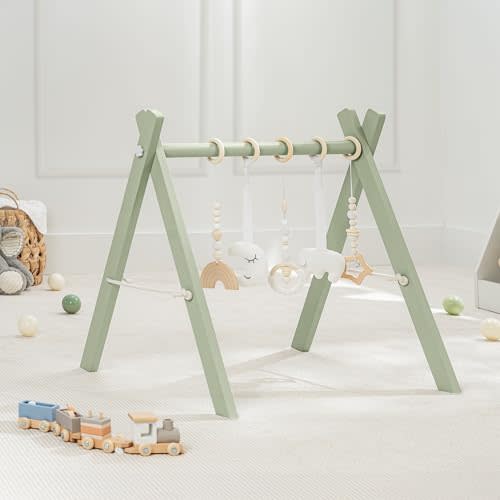Comfy Cubs Wooden Baby Play Gym - Natural Finish Pinewood Baby Activity Gym with 5 Sensory Hanging Toys - Easy No-Tool Assembly, Safe and Durable for Infant Motor and Visual Development - Sage