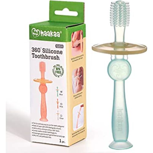 haakaa 360° Silicone Baby Toothbrush with Suction Base Infant to Toddler Toothbrush, Food Grade Silicone, 1pc (Blue)
