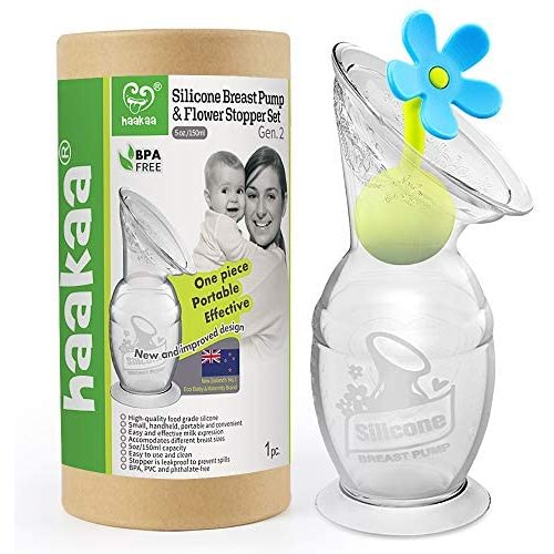 haakaa Manual Breast Pump Breastfeeding Pump Silicone Pump Milk Saver with Suction Base and Flower Stopper 100% Food Grade Silicone BPA Free (5oz/150ml) (Blue)