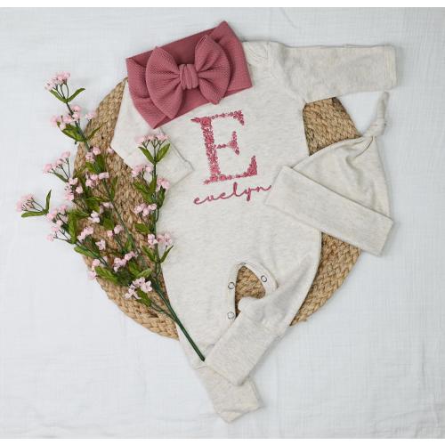 Personalized Floral Embroidered Baby Romper with Headband: Oatmeal Mauve Newborn Outfit