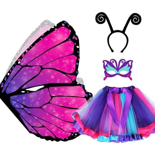 D.Q.Z Fairy Butterfly-Wings Costumes for Girls Dress Up with Rainbow Tutu Mask Headband Bug Play Toys for Kids Party Gifts