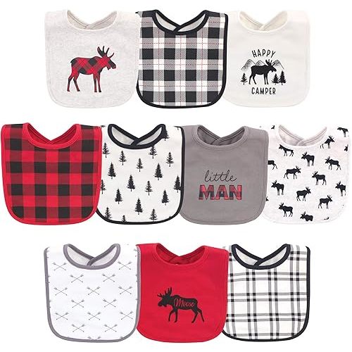 Hudson Baby Unisex Baby Cotton Bibs, Buffalo Plaid Moose, One Size