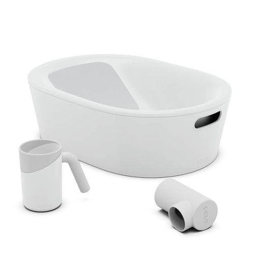 Lalo Bathtime Starter Kit - 3-Piece Set Includes Modern Baby Bathtub, Rinse Cup & Spout Cover - Safe, Easy to Clean Design for Newborns - 25.3 x 18 x 7.7 in, 10 lb - Coconut