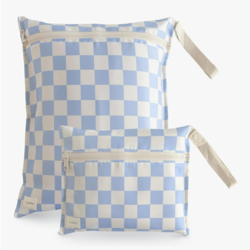 mushie Water Resistant Wet Bags | Large & Small Reusable Storage Bag for Baby Items and Travel | Zippered Pockets with Handle | Machine Washable, Set of 2 (Olive Check)