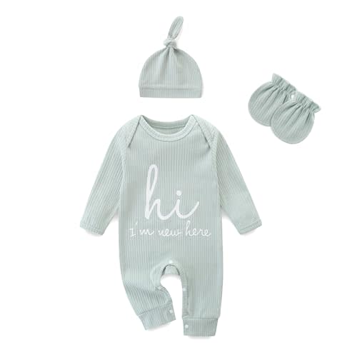 Jomixa Newborn Girls and Boys Romper, Hi I’m New Here Long Sleeve Cotton Baby Clothes, Newborn Coming Home Outfit