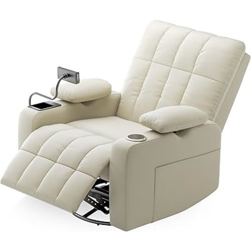 Power Rocking Chair Nursery, Electric Glider Recliner Chair with Night Light & Smart Cup Holder, Leather Nursing Chair for Breastfeeding with Adjustable Armrest, Lumbar & Headrest Support, Beige White