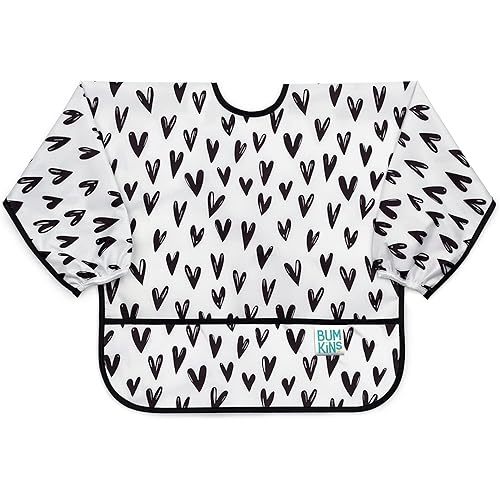 Bumkins Sleeved Bib for Girl or Boy, Baby and Toddler for 6-24 Months, Essential Must Have for Eating, Feeding, Baby Led Weaning Supplies, Long Sleeve Mess Saving Food Catcher, Hearts Black and White