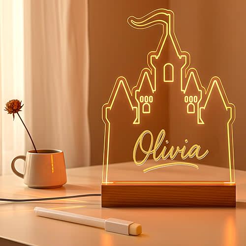 Baquler Princess Castle Night Light Christmas Princess Lamp LED Castle Decoration with Erasable Pen Cloth Lighted Acrylic Table Sign for Girls Christmas Birthday Gift Room Bedroom Office Home Decor