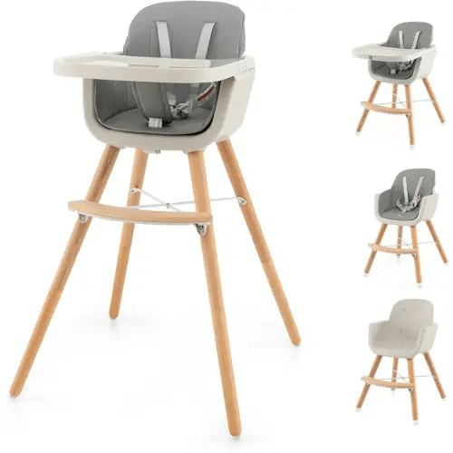 HONEY JOY Baby High Chair, 6-in-1 Eat & Grow Wooden Highchair/Toddler Chair with Removable Tray, 5-Point Harness, PU Cushion and Footrest, Convertible High Chair for Babies and Toddlers(Gray)
