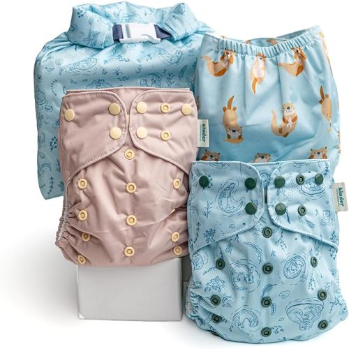 Kinder Cloth Diapers Reusable Baby Diapers Pocket Style Athletic Wicking Jersey, Wet Bag, Newborn to Potty Training 7-60lbs, One Size, Inserts NOT Included (Otterly Sweet, 3 Pack, Without Inserts)