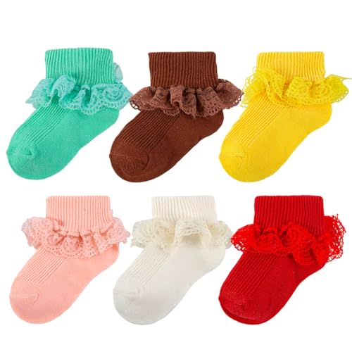 6 Pairs Baby Girl Ruffle Socks Double Lace Turn Cuff Cotton Ankle Frilly Dress Socks for Newborn Infant Toddler Girls