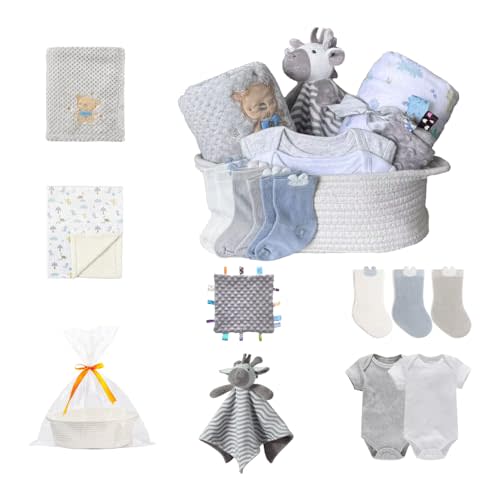 CREVENT Gift Set for Girls Boys -Diaper Caddy Organizer Basket with 2 Blankets, 1 Taggie, 1 Lovey, 3 Socks，2 Baby Bodysuits，1 Gift Bag with Ribbon - Newborn Essential Baby Shower