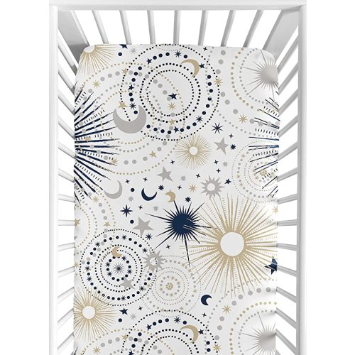 Sweet Jojo Designs Fitted Baby Crib Sheets (Stars and Moon) for Boys or Girls, Infant Nursery, Toddler Room - Standard Size (Celestial, Sky, Star, Classic, Outer Space, Grey, Navy Blue and Gold, Gray)