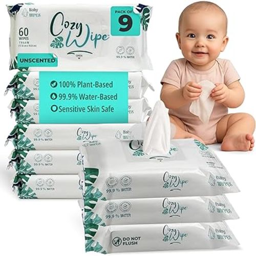 Water Based Baby Wipes, 99.9% Purified Water, Unscented & Gentle for Sensitive Skin, Plastic-Free, 9 Packs (60 Wipes Each) – Safe for Newborns & Toddlers