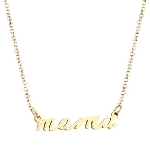 Mama Necklace for Women - 14K Gold Plated Dainty Mom Necklace - Non Tarnish, Waterproof, Stainless Steel Necklace - Birthday Jewelry Gifts for New Mom, Pregnancy, Postpartum, Wife, Friend, Grandma, Sister, Daughter, Mother